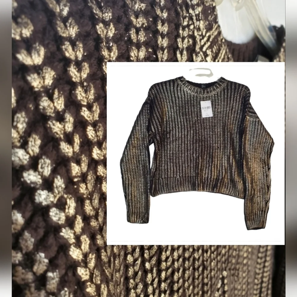 Crop Metallic Gold Black Cable Knit Sweater NWT Size L - Picture 1 of 16